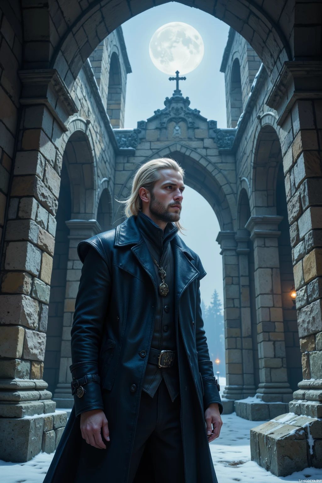 Мужчина в кожаной куртке стоит в каменном арковом проходе под полной луной.