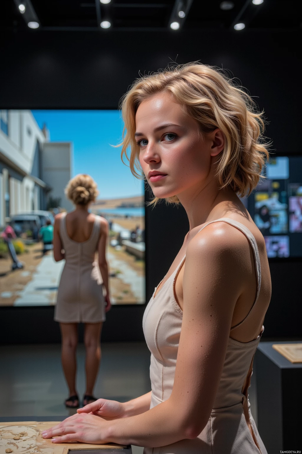 В бежевом платье стоит женщина на фоне современного интерьера и большого экрана.