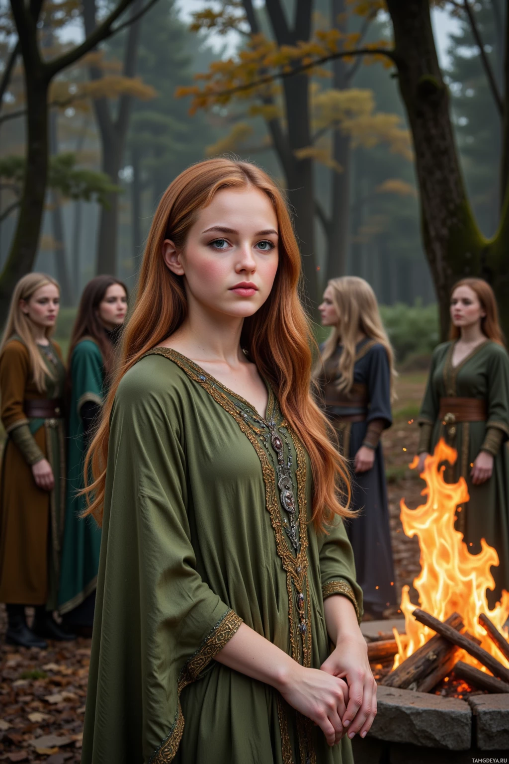 Группа женщин в средневековых нарядах стоит в лесу у костра.