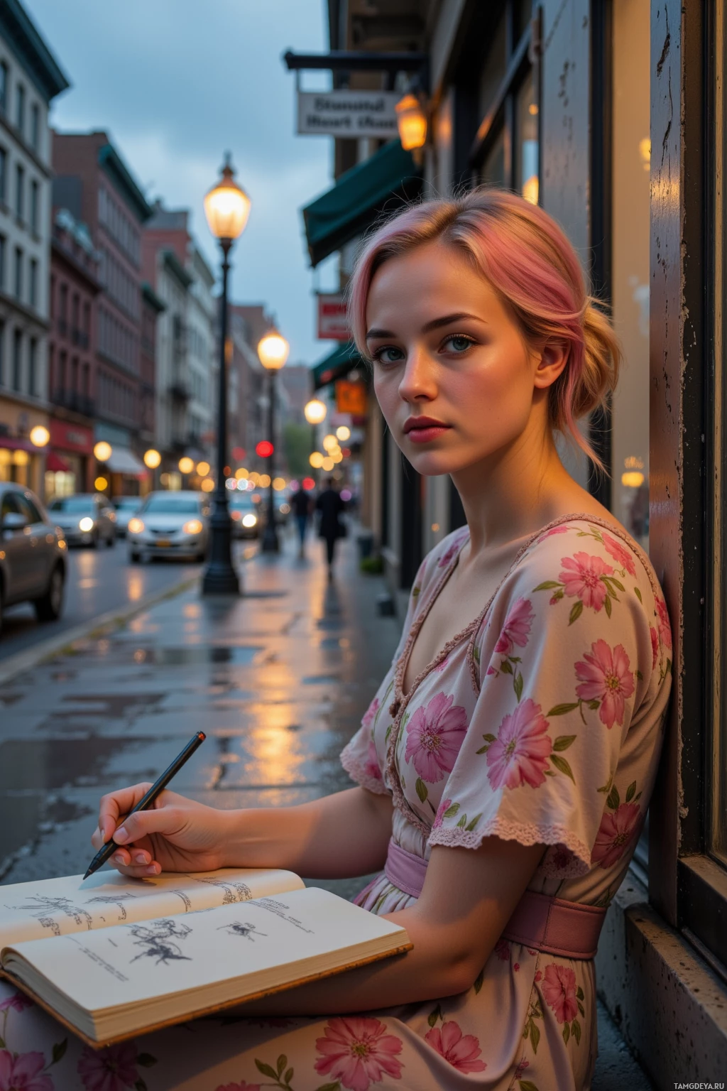 Девушка с розовыми волосами прислонилась к окну, держа в руках ручку и альбом для рисования, на улице льет дождь.