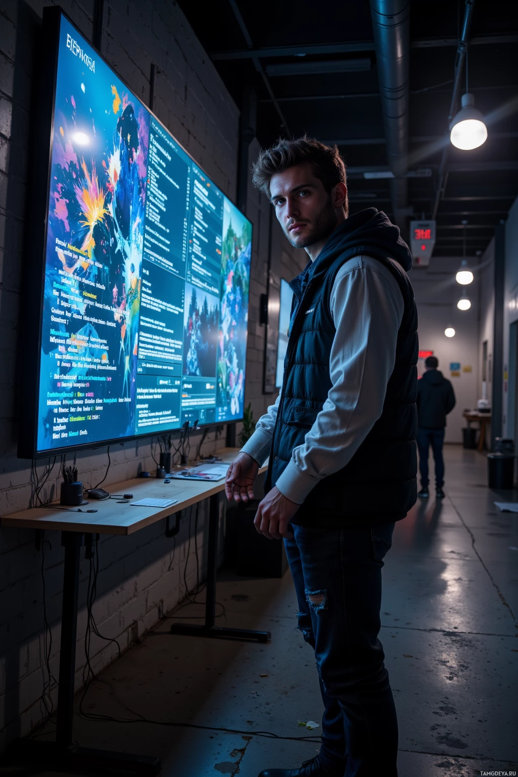 В полумраке комнаты стоит человек перед большим экраном, на котором отображаются яркие графики и текст.