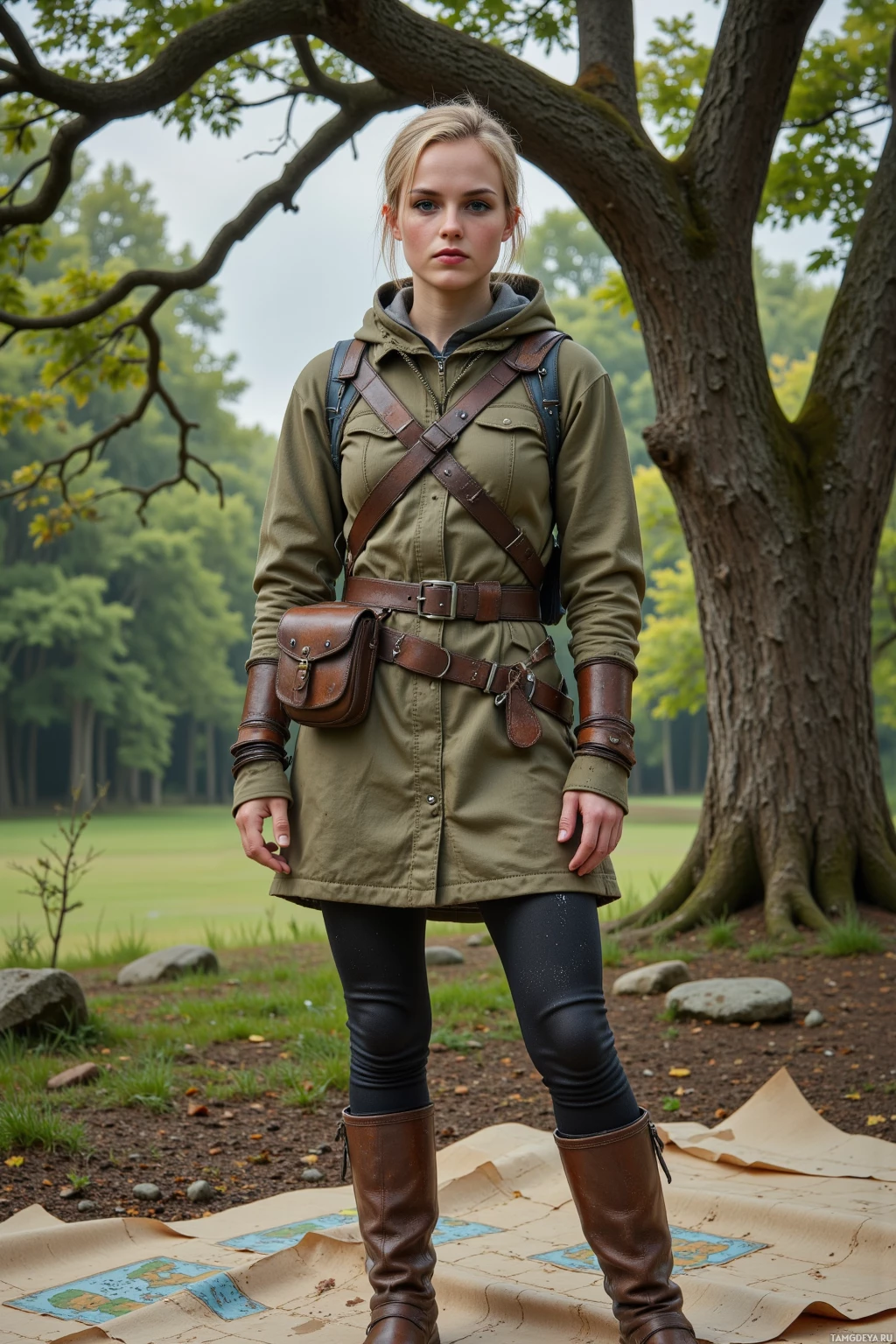 Человек в туристической одежде стоит на лесной местности, разложив карту на земле.