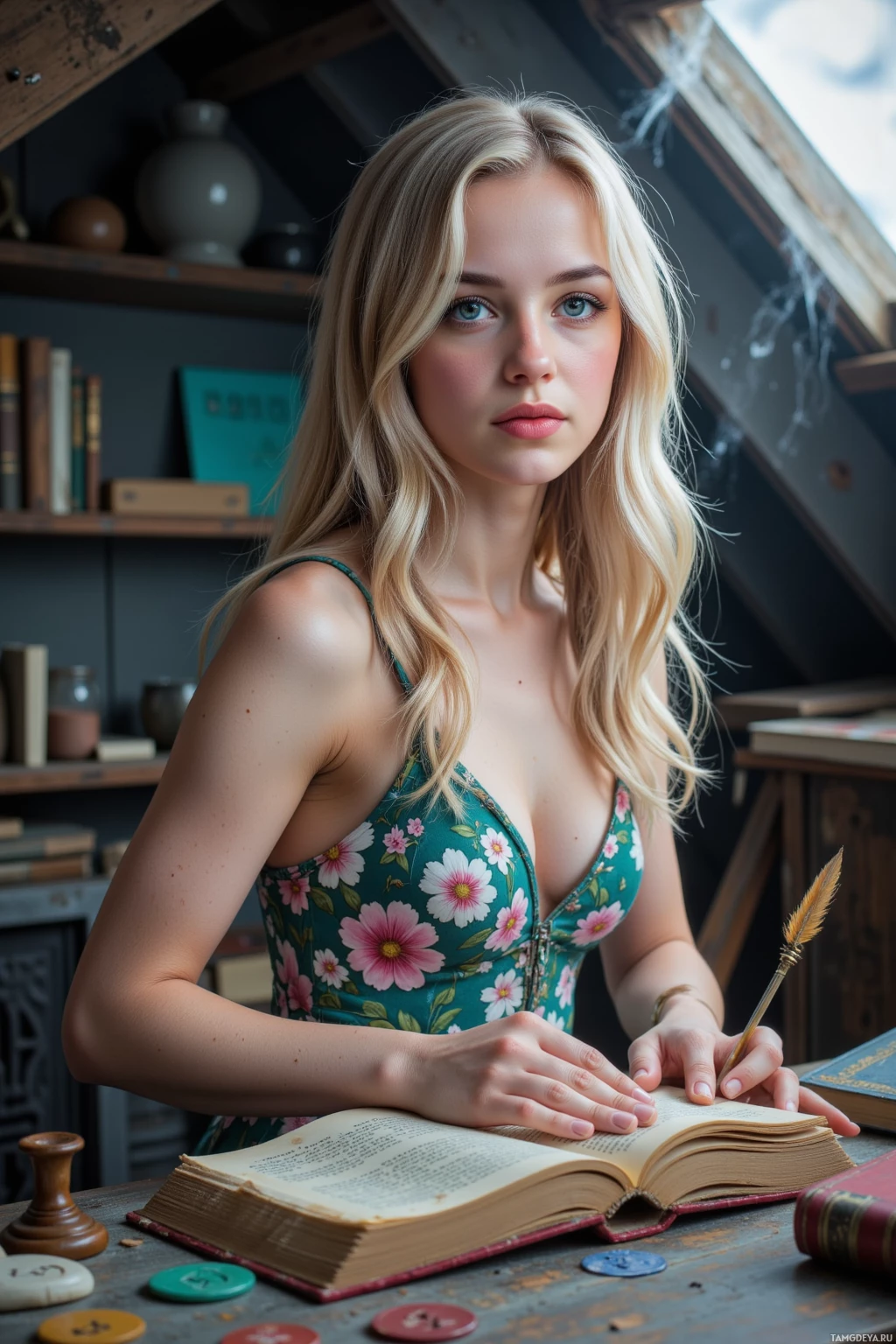 У женщины с длинными светлыми волосами в руках перо, и она смотрит в открытую книгу, сидя за столом.