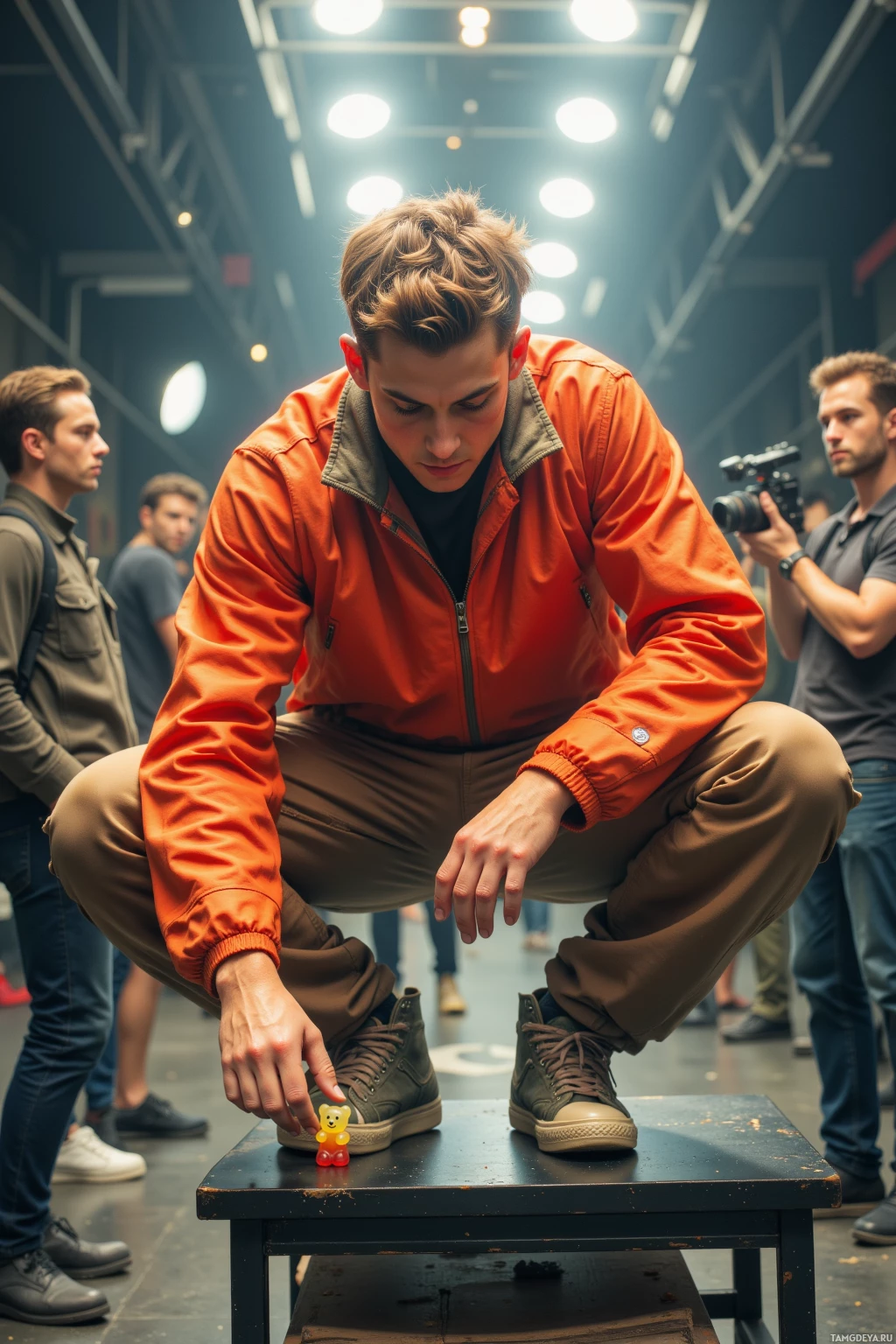 Человек в оранжевой куртке присел, чтобы поднять маленького плюшевого мишку со стола.