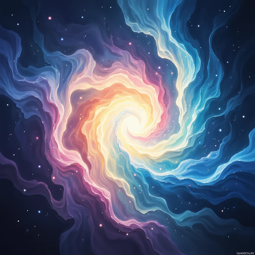 Яркая, вибрирующая галактика, сотканная из переливающихся оттенков синего, фиолетового и жёлтого на фоне тёмного, усыпанного звёздами пространства.