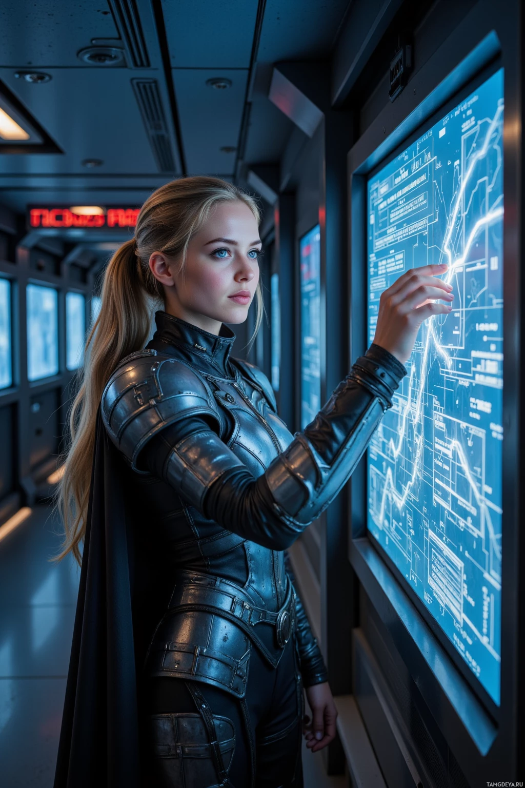 Человек в футуристической одежде взаимодействует с высокотехнологичным дисплеем в полумраке коридора.