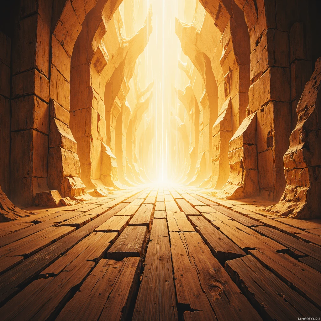 Солнечный коридор с каменными стенами и деревянным полом, уходящий к яркому свету впереди.