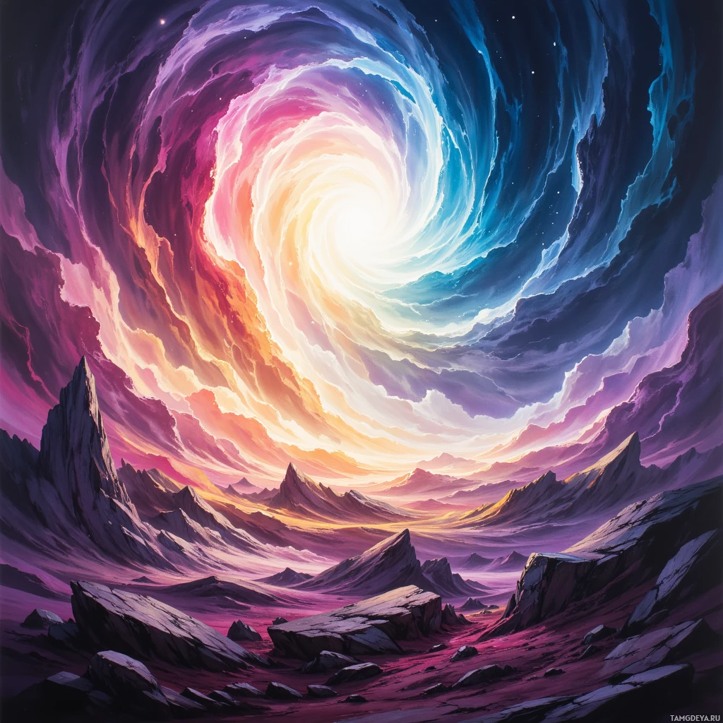 Яркая, закрученная космическая сцена с сияющим белым центром и разноцветными, неземными облаками, переходящими в каменистую, изрезанную местность внизу.