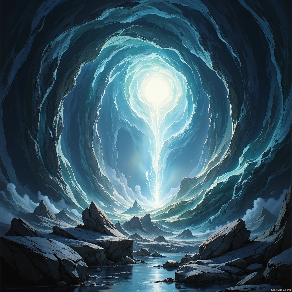 Сюрреалистичный, неземной пейзаж с сияющим, вихреобразным порталом, ведущим к ослепительному небесному свету.