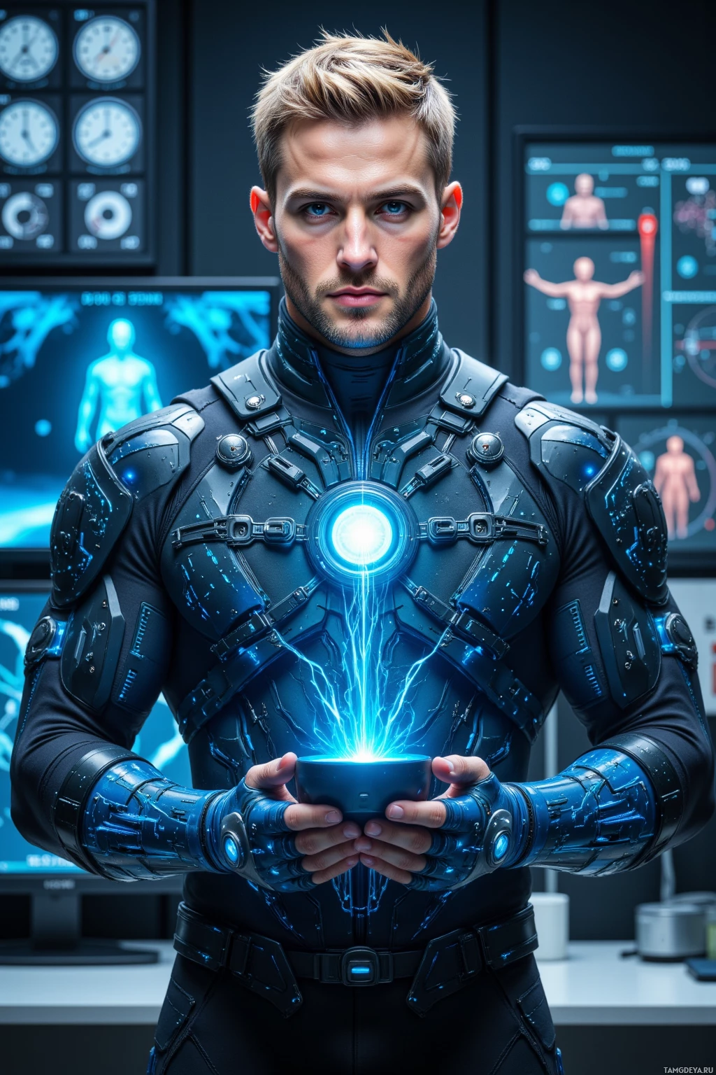Человек в футуристических доспехах держит светящееся синим светом устройство.