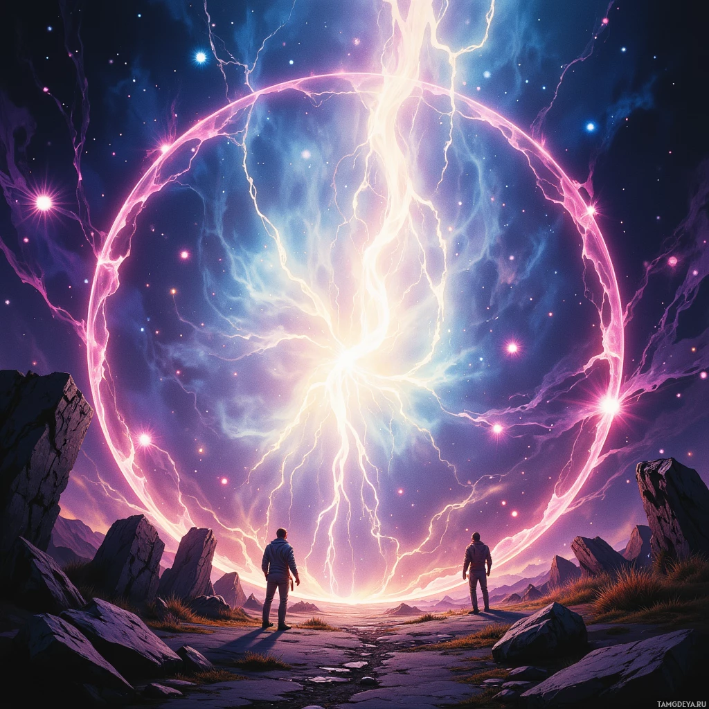 Перед сияющим, неземным порталом в сказочном пейзаже стоят две фигуры.