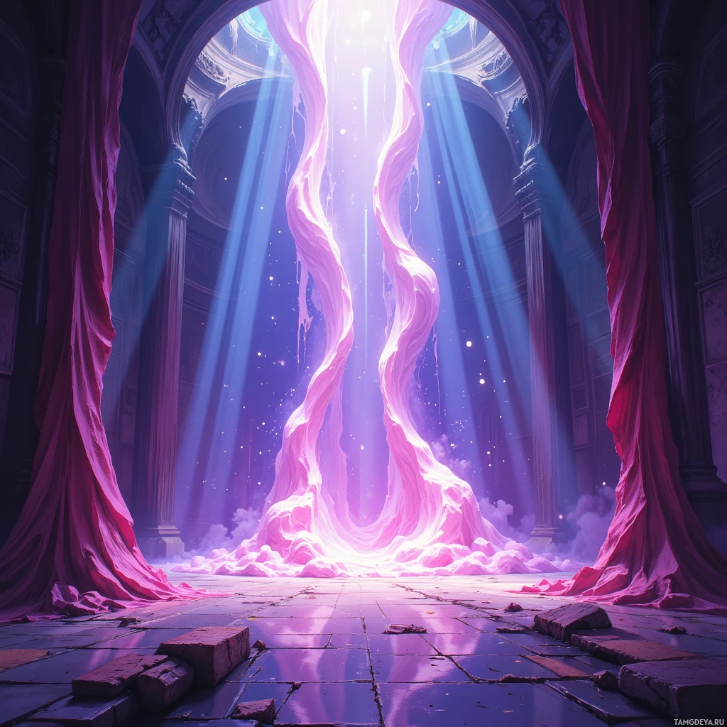Величественный древний зал с разбитым каменным полом и светящимся, неземным порталом, излучающим свет и энергию.