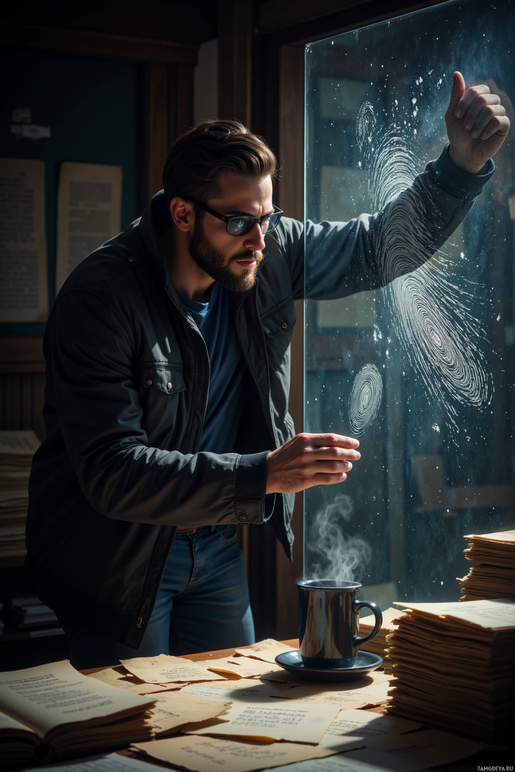 Мужчина в куртке и очках стоит у окна, рассматривая стеклянную панель с завихряющимися узорами.