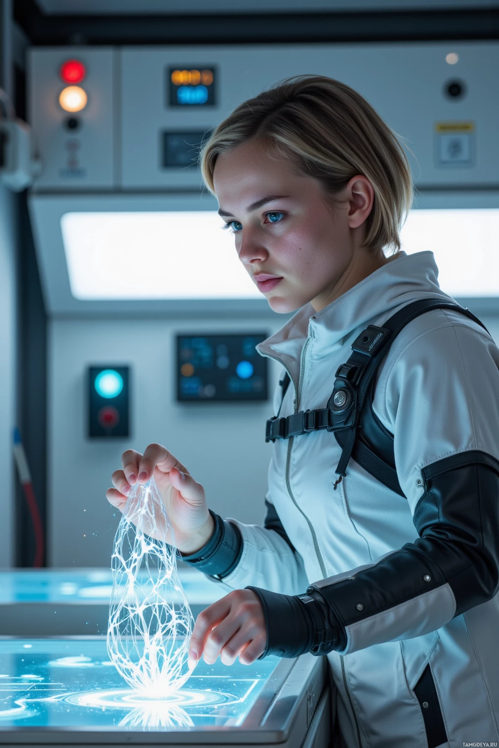 Человек вовлечён во взаимодействие со светящейся, замысловатой световой конструкцией в футуристическом окружении.