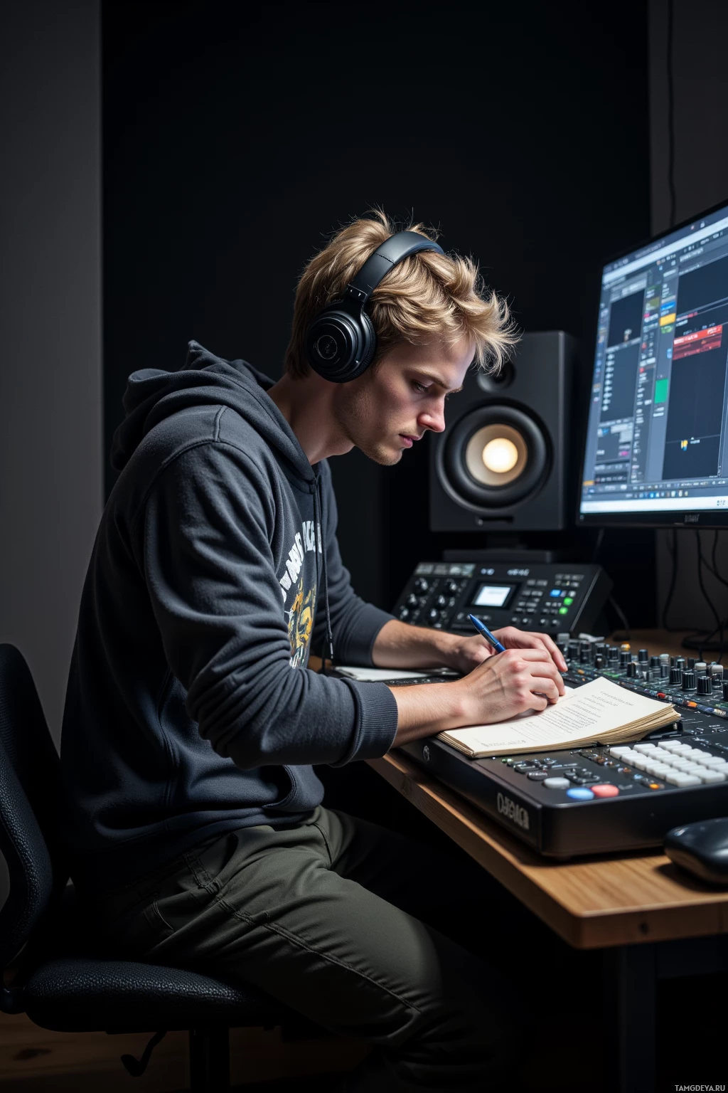 Человек в наушниках сидит за столом, записывает что-то в блокнот, используя аудиооборудование.