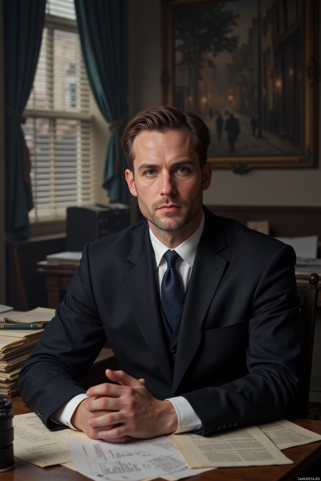 Мужчина в костюме сидит за столом с документами в комнате с окном и картиной.