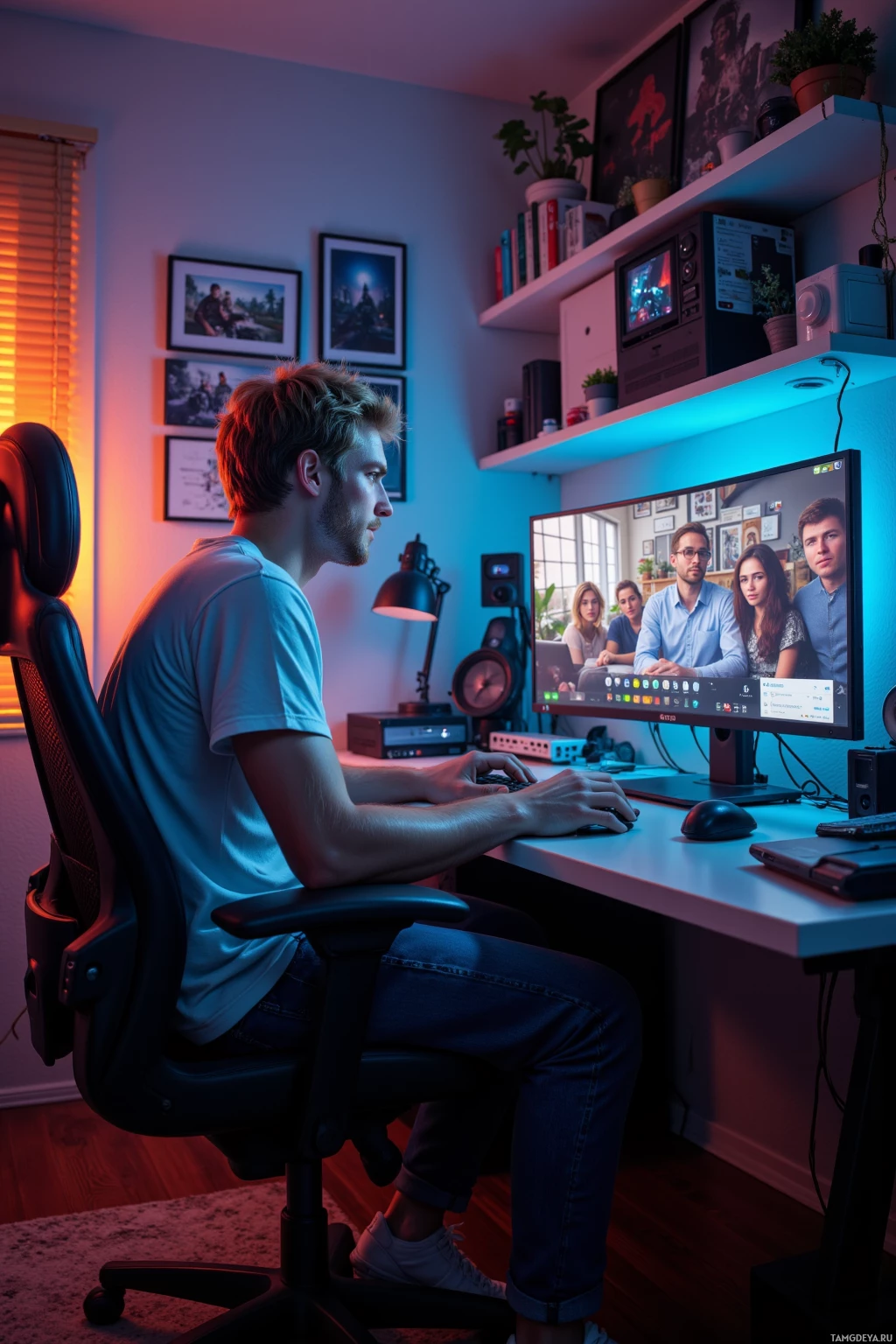 Человек сидит за столом в комнате с цветным освещением и работает на компьютере.