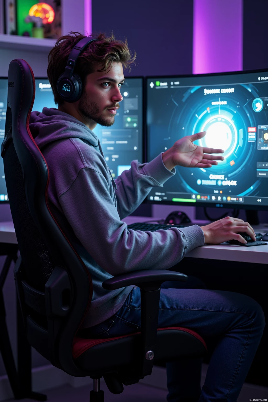 Человек в наушниках сидит в игровом кресле, взаимодействуя с компьютерным экраном, на котором отображается футуристический интерфейс.