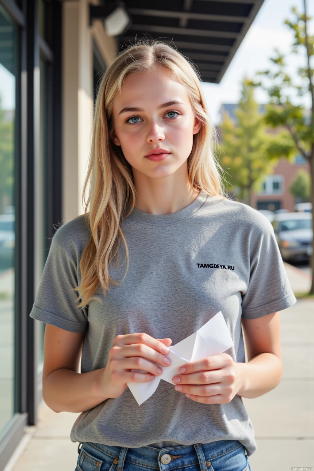 Человек в серой футболке и джинсах держит сложенный лист бумаги.