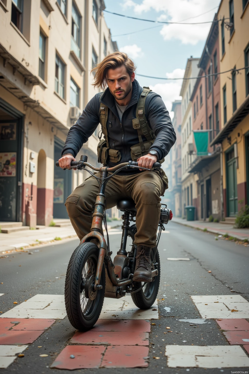 Мужчина едет на мотоцикле в стиле ретро по городской улице.