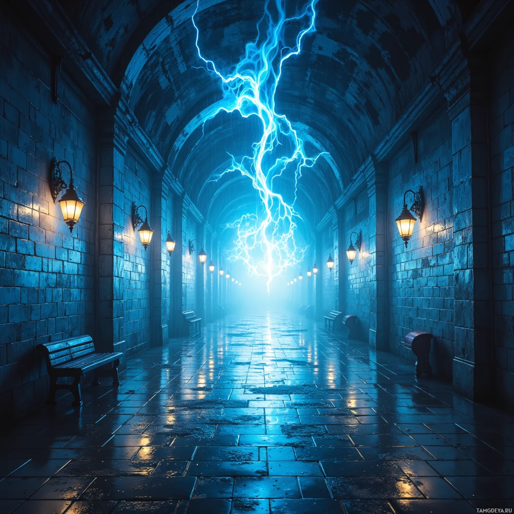 Полумрак коридора, где вдоль стен расположены скамейки и лампы, ведет к ярко-голубой вспышке молнии в конце.