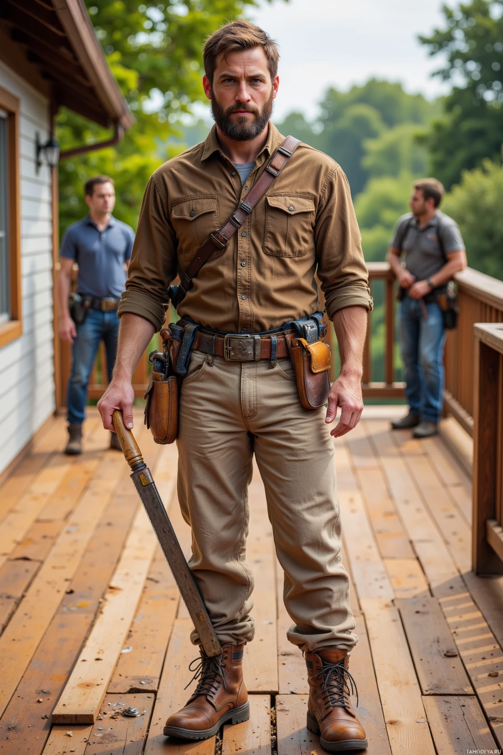 Мужчина в коричневой рубашке и брюках стоит на деревянном настиле, держа в руках инструмент, на заднем плане видны еще двое людей.