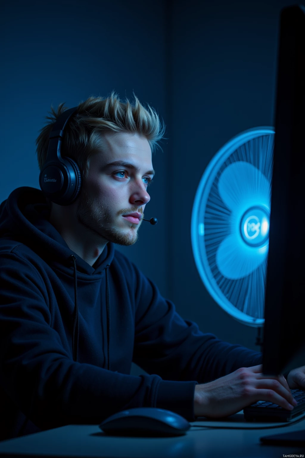 Человек в наушниках сидит за столом и работает за компьютером в полумраке.