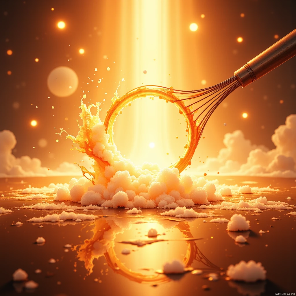 Взбивалка с брызгами золотистой жидкости и белоснежной пенкой на фоне светящегося, сияющего фона.