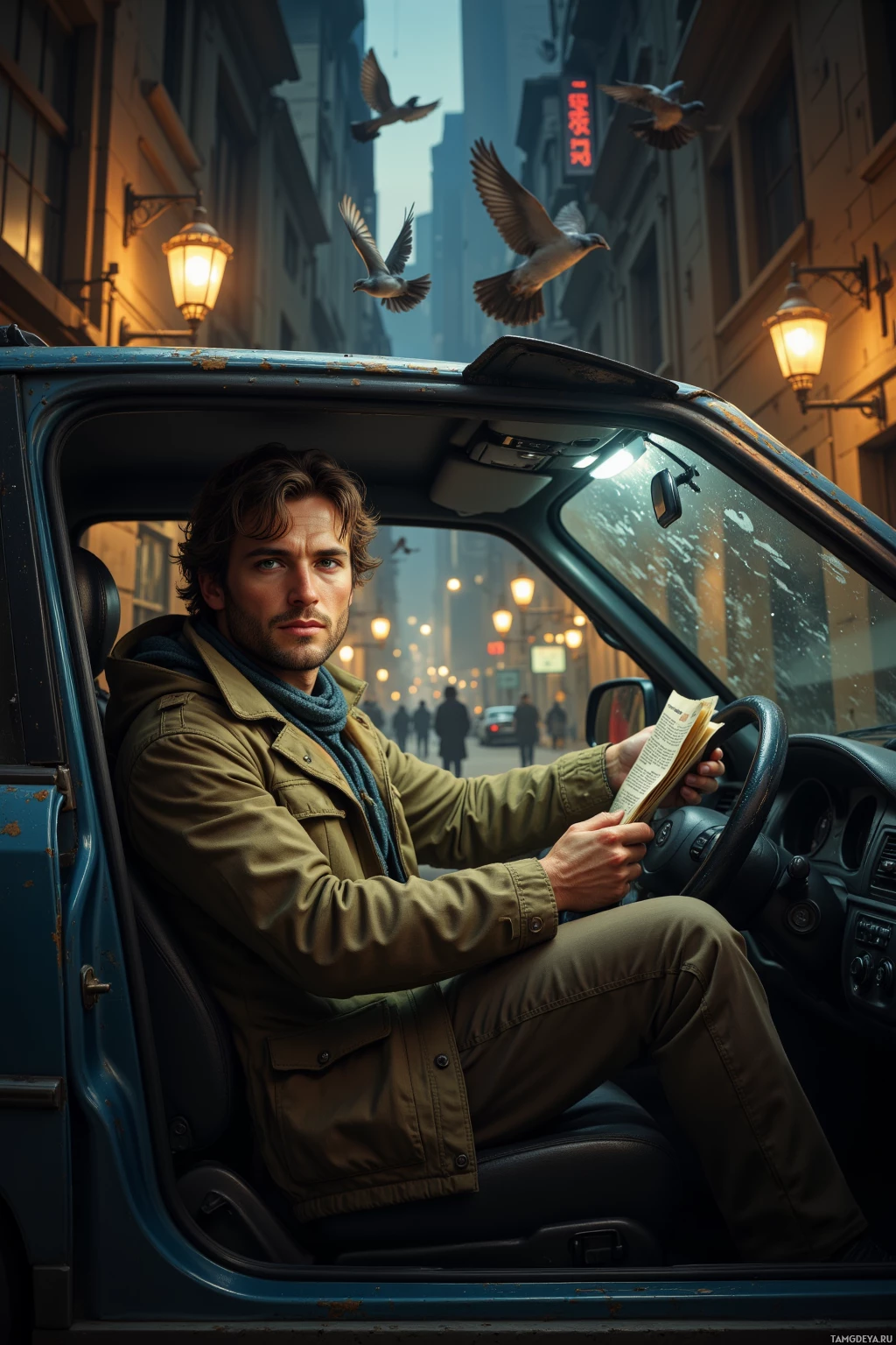 Мужчина сидит в машине и читает книгу, над ним кружат голуби, а на заднем плане виднеется городской пейзаж.