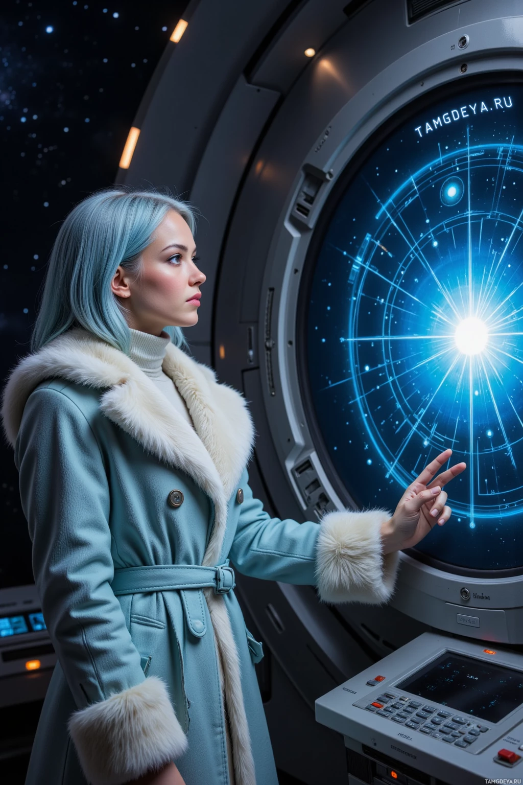 Человек в пальто с меховой отделкой указывает на футуристический дисплей.