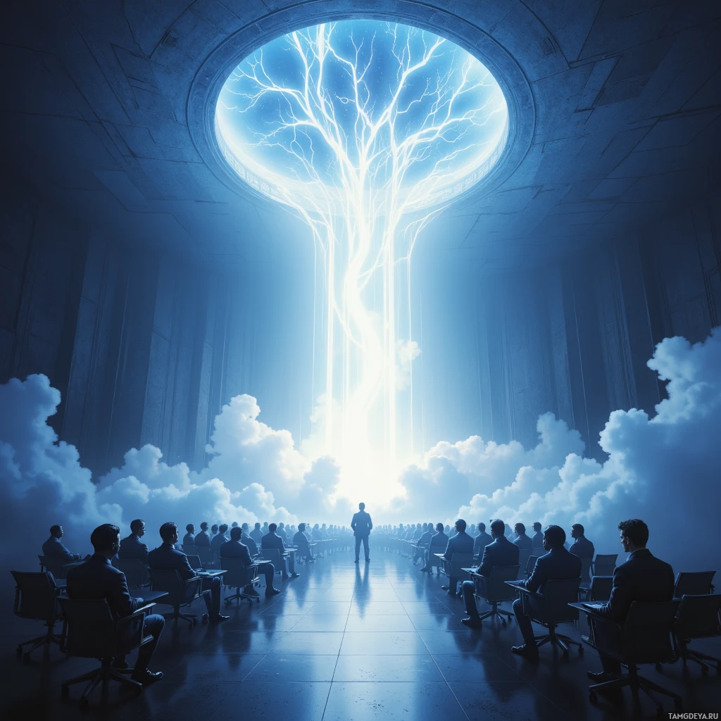 Группа людей в костюмах сидит, обращенная к светящейся конструкции, напоминающей дерево, из которой свет пробивается через круглое отверстие наверху.