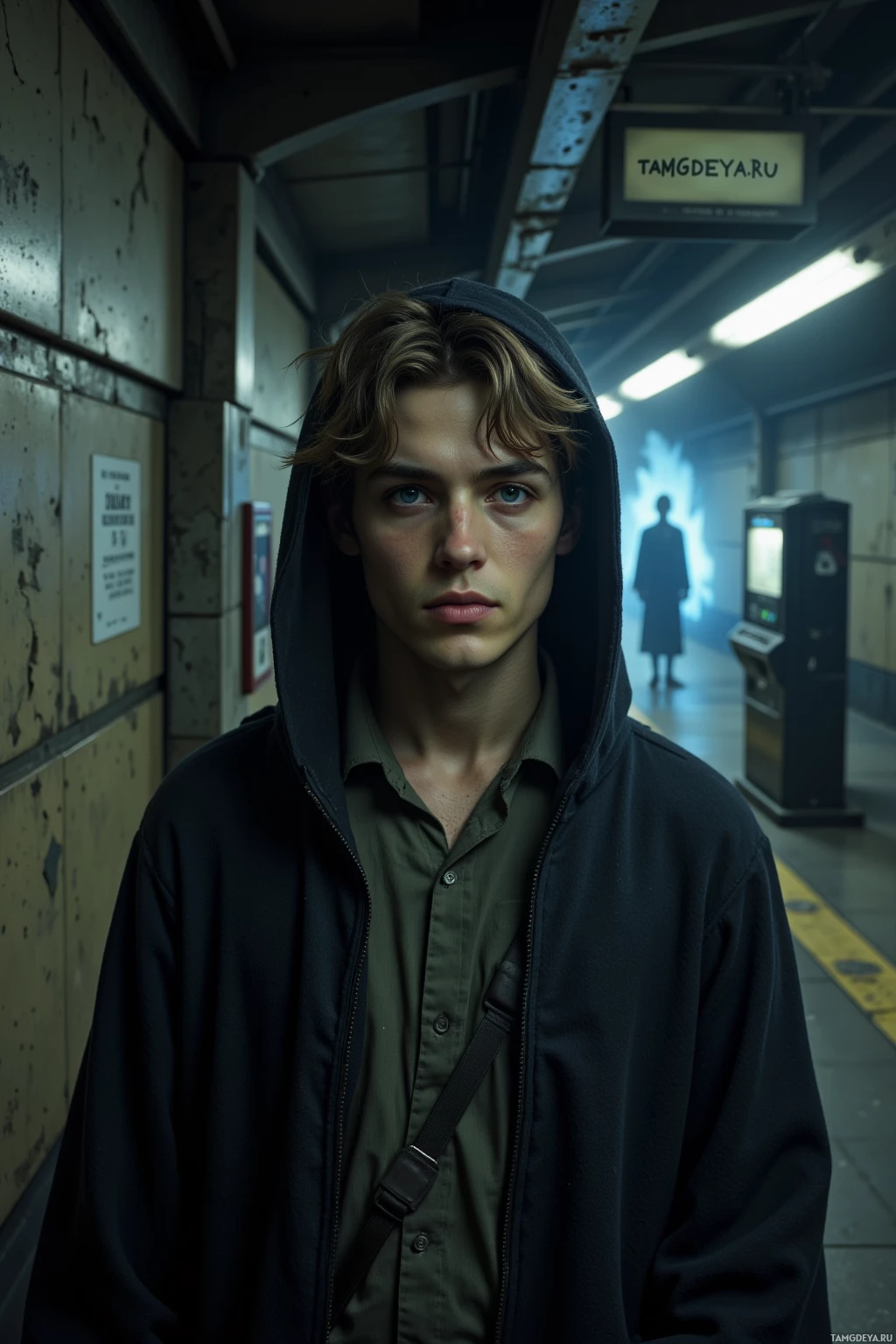 Молодой человек в толстовке стоит на полуосвещенной станции метро.