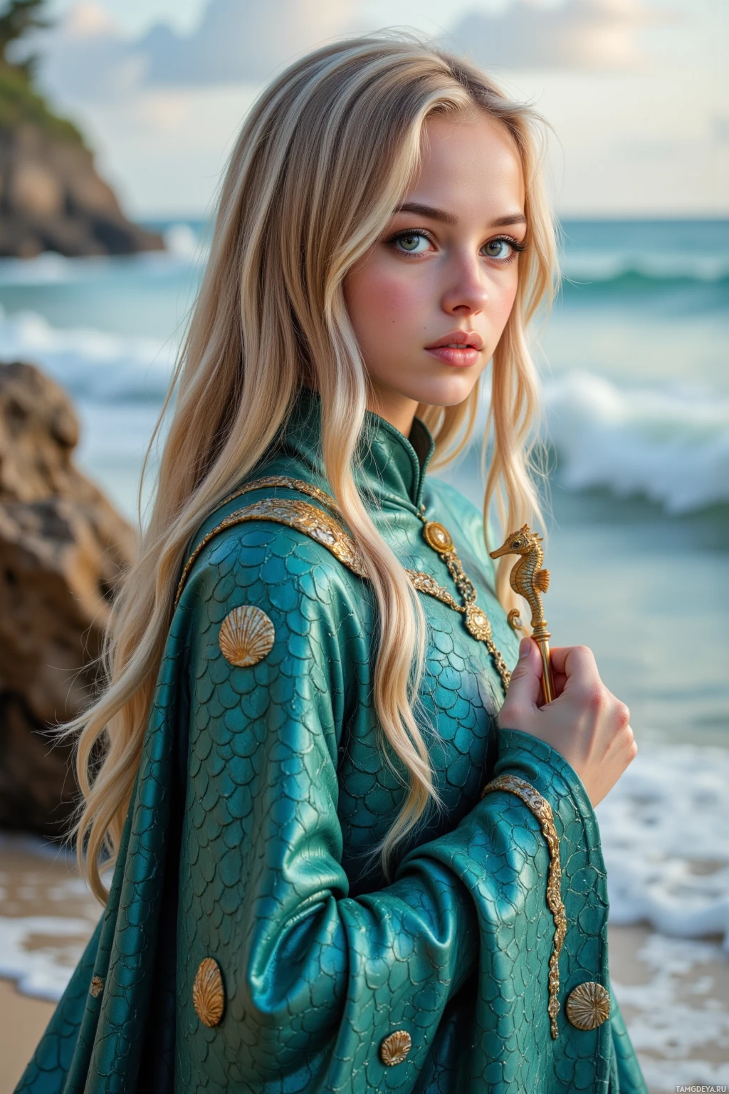 На пляже стоит женщина в костюме с чешуйчатым узором, держа в руках золотой предмет.