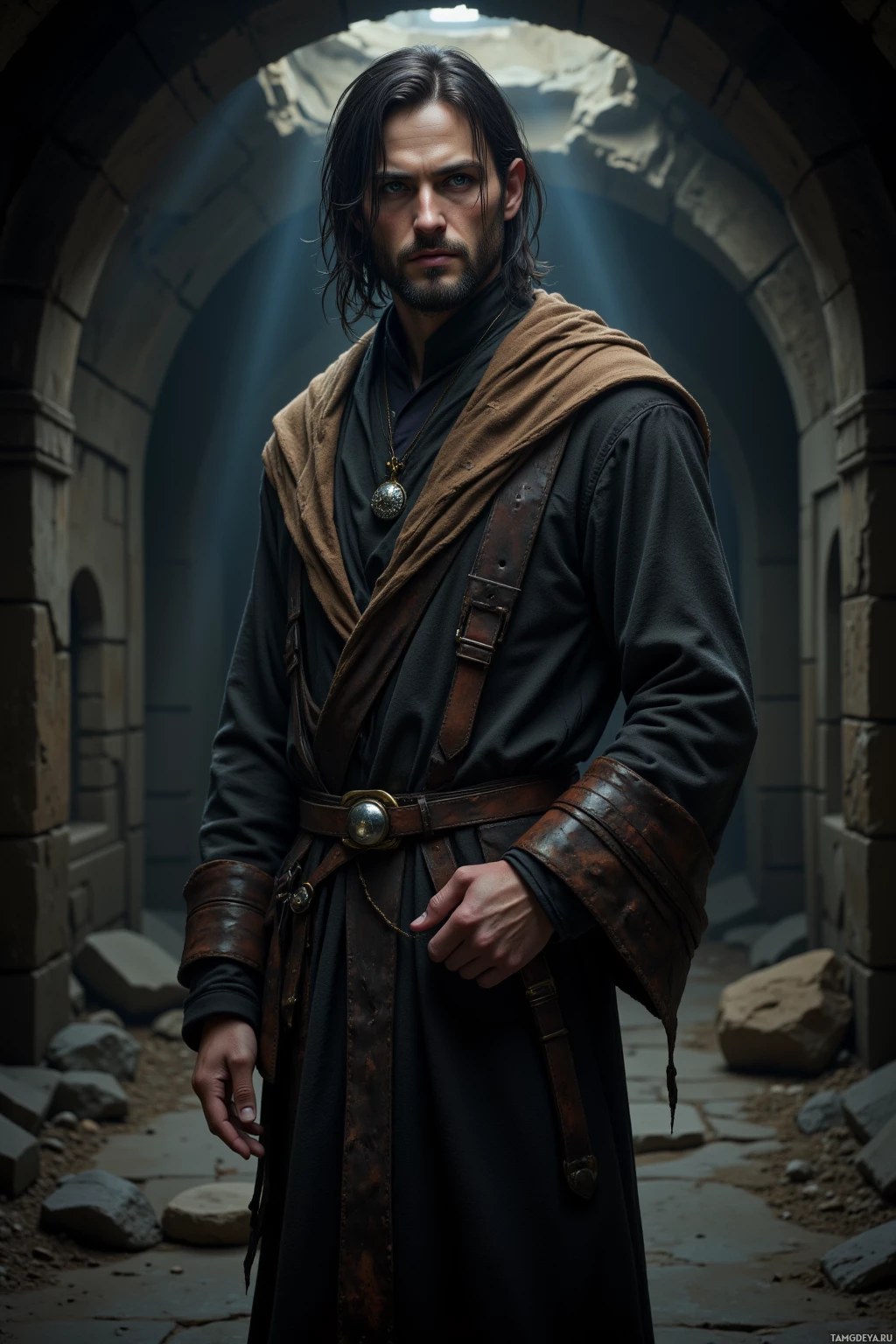 Мужчина в тёмной рясе стоит в полумраке каменного арочного прохода.