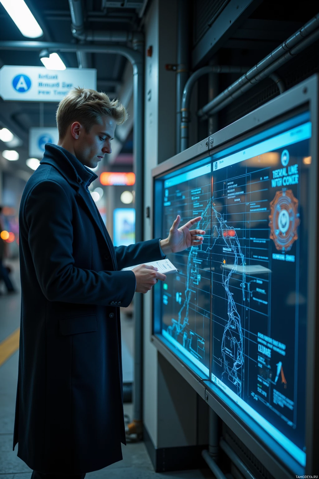 Мужчина в пальто взаимодействует с большим цифровым дисплеем в современном интерьере.