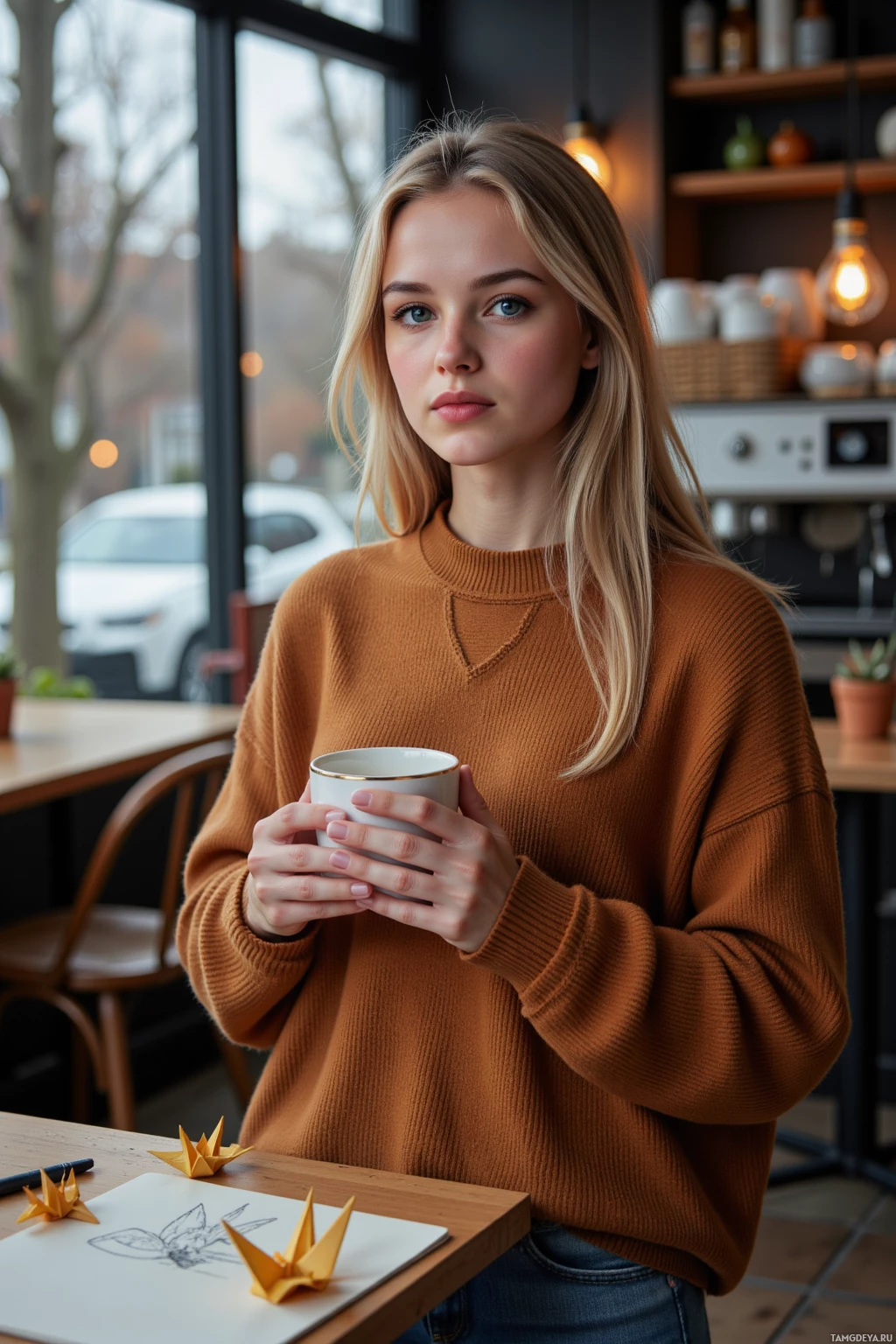 Человек в коричневом свитере держит чашку, стоя в уютном кафе.