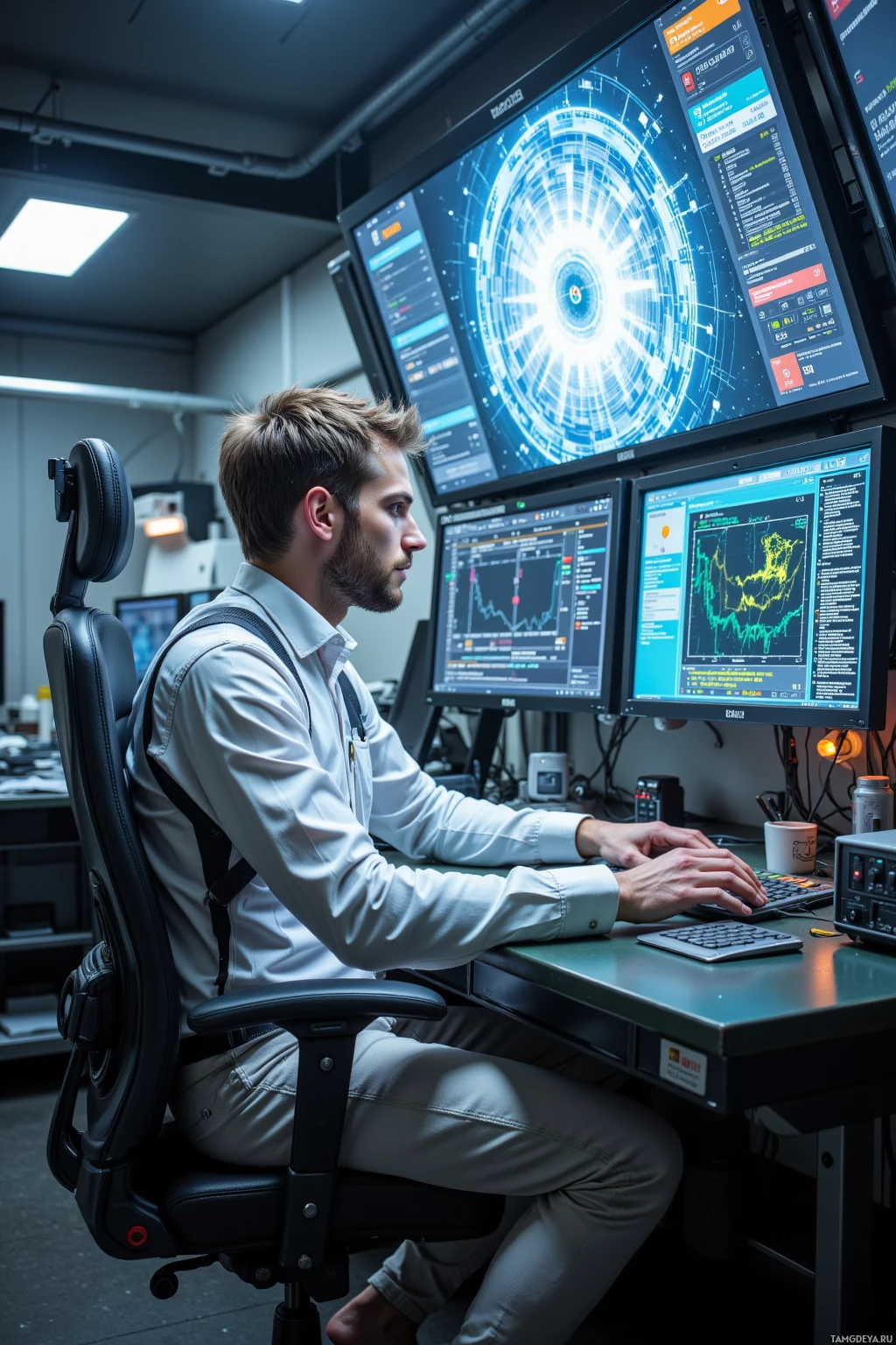 Человек сидит за столом и работает на компьютере с несколькими мониторами, на которых отображаются сложные данные и графики.