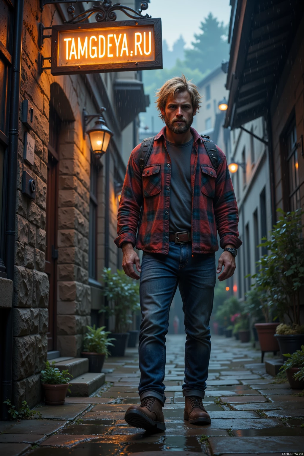 Мужчина стоит в узком переулке под неоновой вывеской "TAMGDEYA.RU".