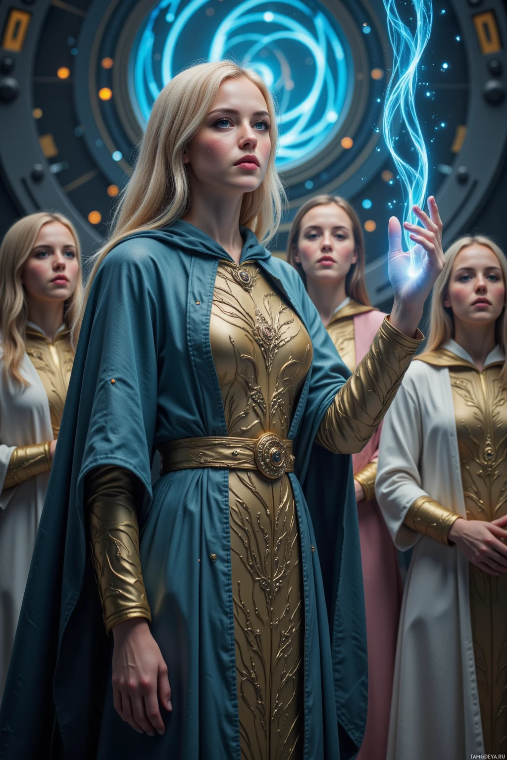 Группа женщин в роскошных нарядах, напоминающих средневековую моду, стоит перед светящимся, округлым порталом.