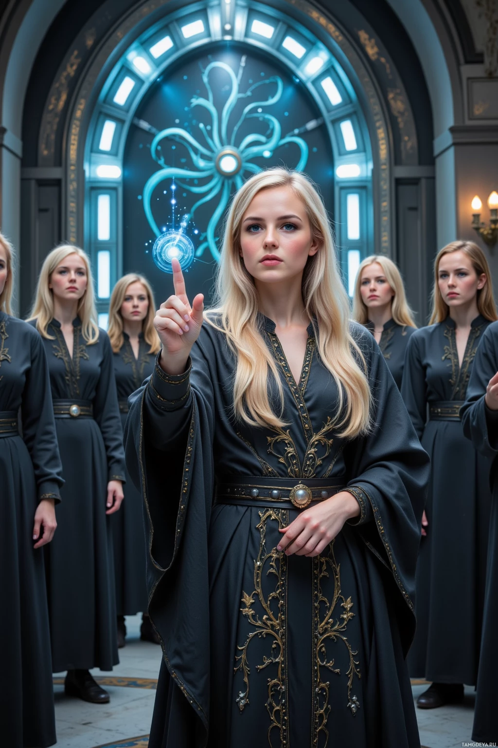 В расшитом одеянии женщина стоит перед группой людей, одетых в похожие наряды, на фоне светящегося символа.