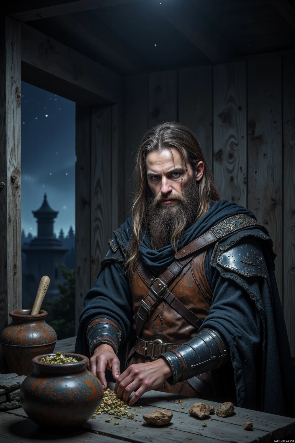 Мужчина в средневековой одежде стоит у стола с ступкой и пестиком, на фоне деревенского деревянного интерьера.