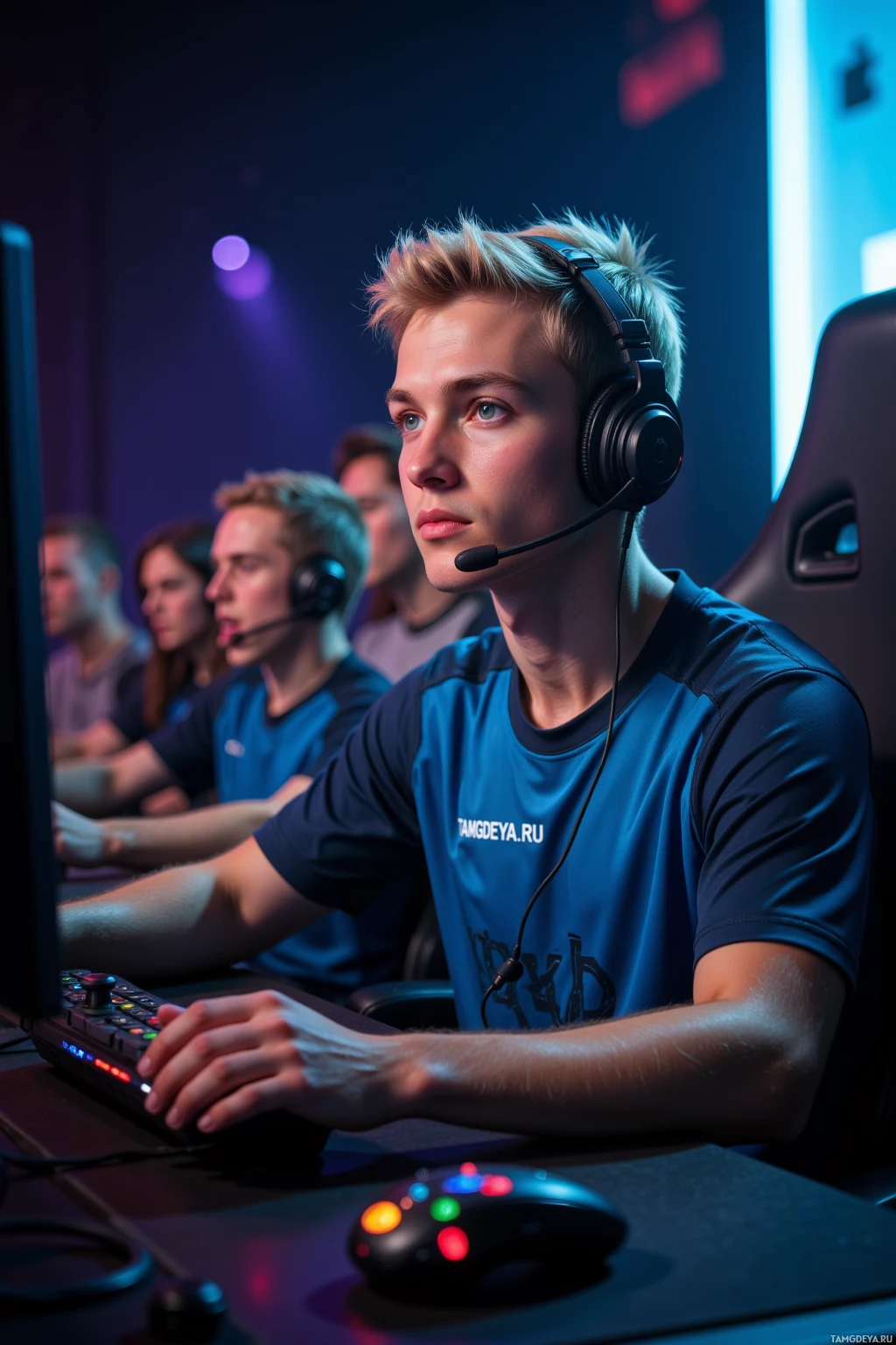 Группа геймеров в наушниках сосредоточенно смотрит на свои экраны в полумраке комнаты.