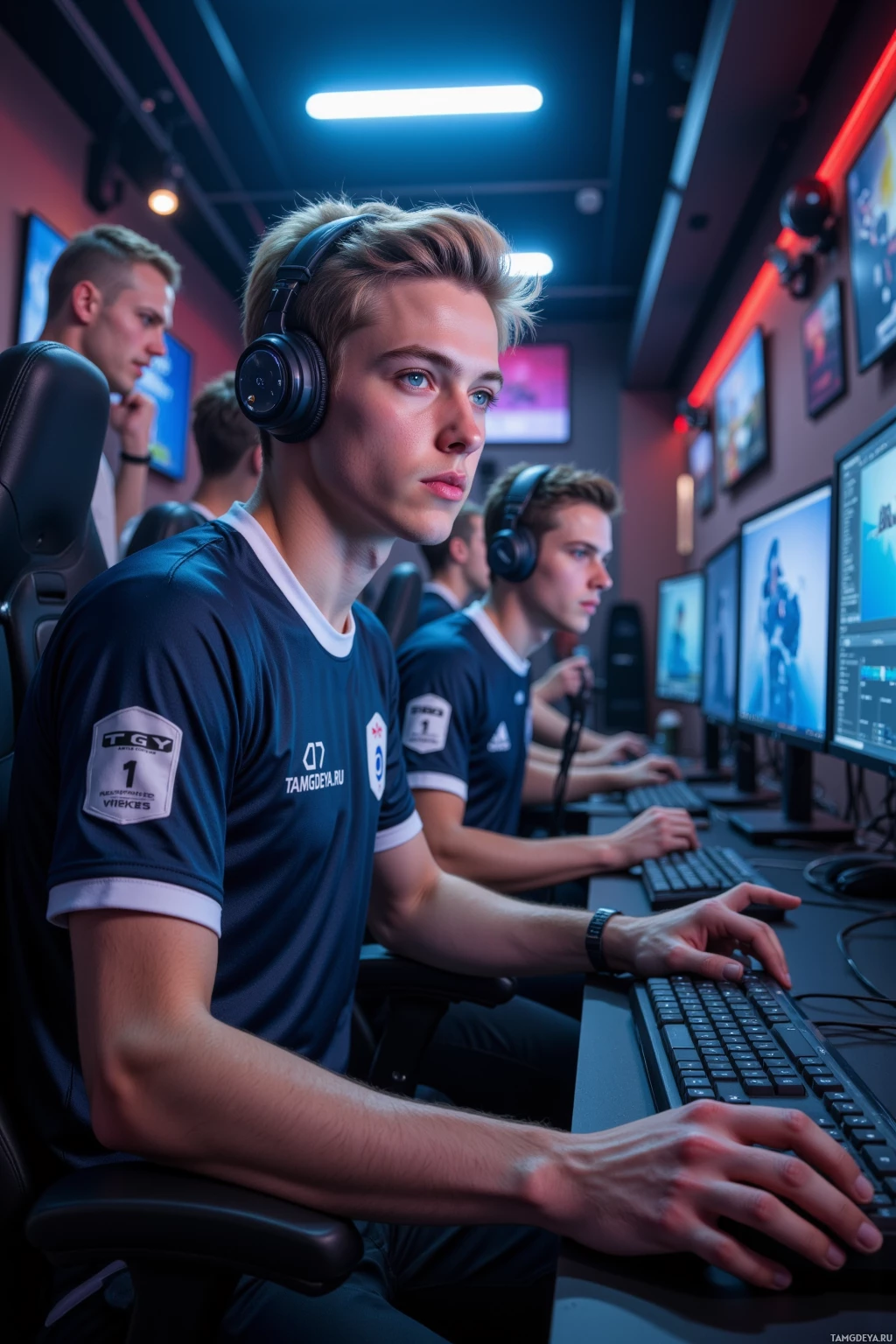 Группа геймеров в одинаковых формах сосредоточенно смотрит на свои компьютерные экраны в полумраке игрового пространства.