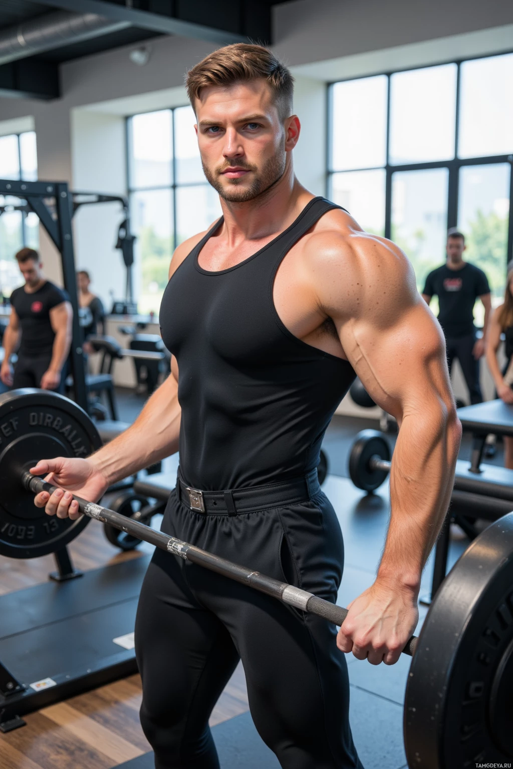 Мускулистый мужчина поднимает штангу в тренажерном зале.