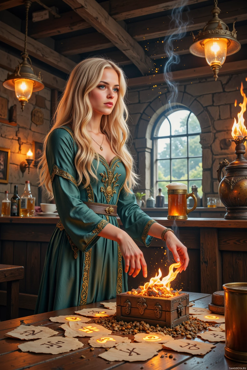 Женщина в платье, выполненном в средневековом стиле, стоит рядом со столом, на котором горит сундук, а вокруг разбросаны бумаги.