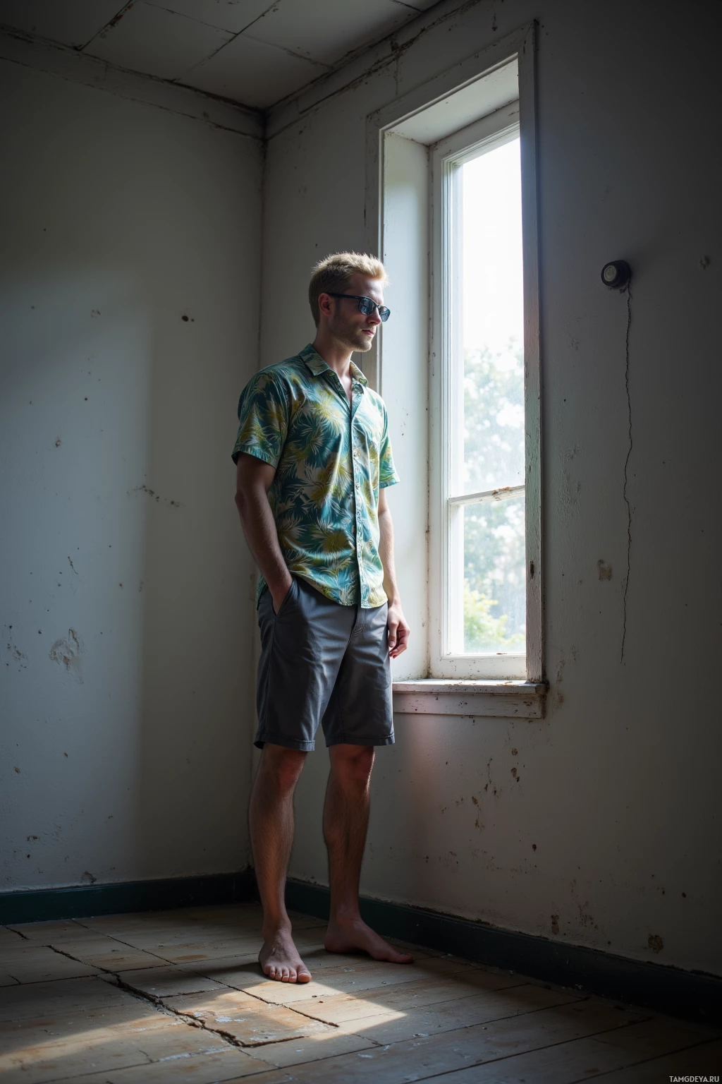 Мужчина стоит босиком у окна в полумраке комнаты.