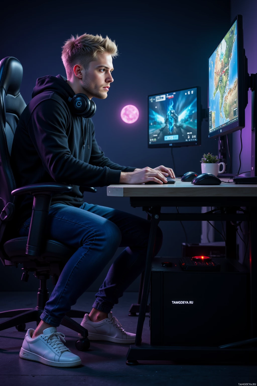 Человек сидит за столом с компьютером, в наушниках и сосредоточенно смотрит в экран.