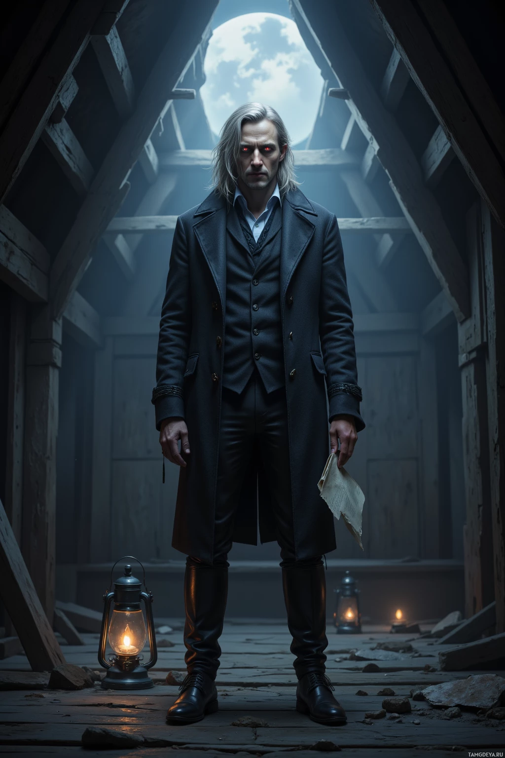 Мужчина в темном пальто стоит в полумраке обветшалой комнаты, держа в руках фонарь.