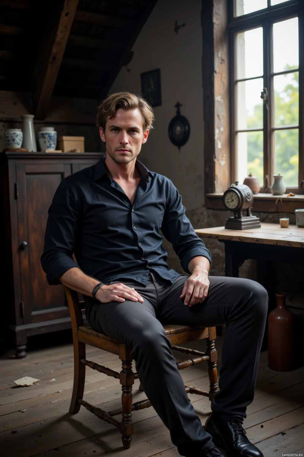 Мужчина в темной рубашке и брюках сидит на деревянном стуле в деревенской комнате с окном.