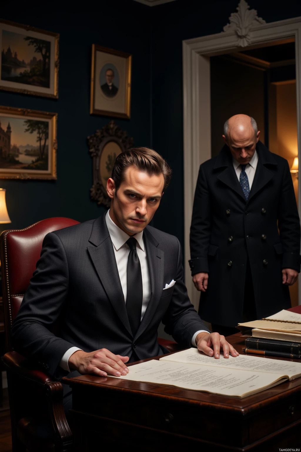 Мужчина в костюме сидит за столом и изучает документ, а позади него стоит еще один мужчина.